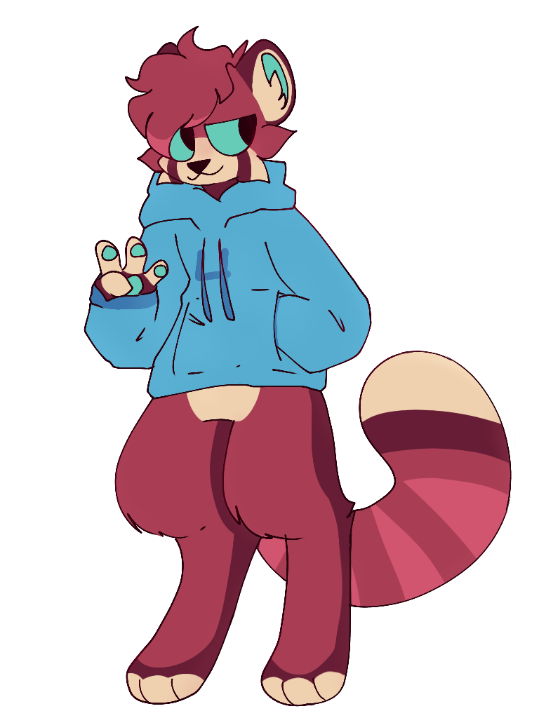 A magenta red panda smiling smugly and giving a vague gesture with the other paw inside a pastel blue hoodie with a 4 on the front