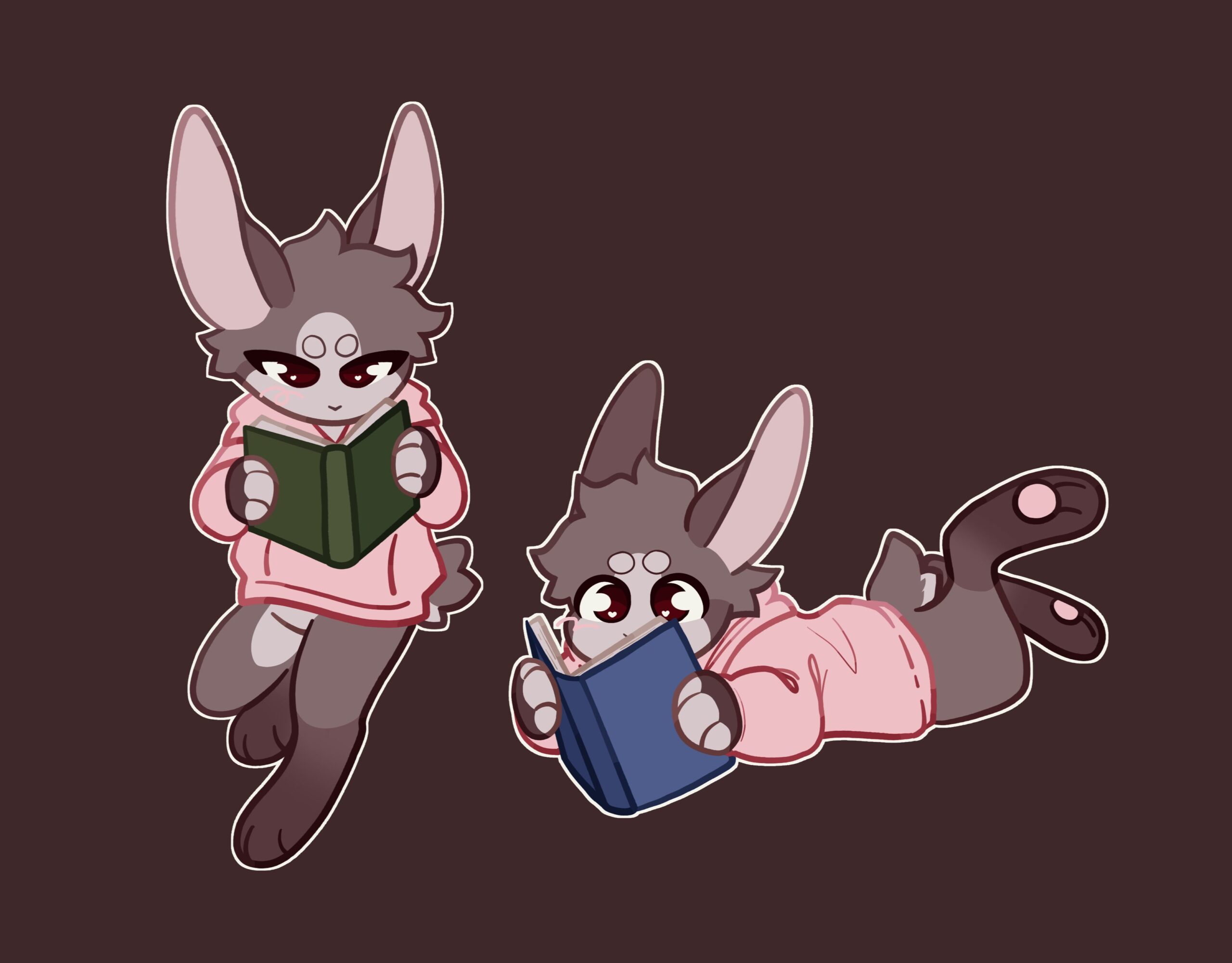 Two cartoony illustrations of a brown bunny in a pink hoodie reading